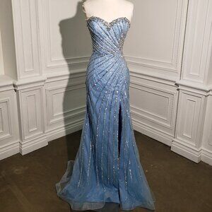 Strapless Light Blue Beaded Evening Gown with Silver Crystal Detailing